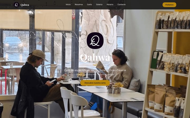 Página de inicio de qahwa.es con la carta de la cafetería